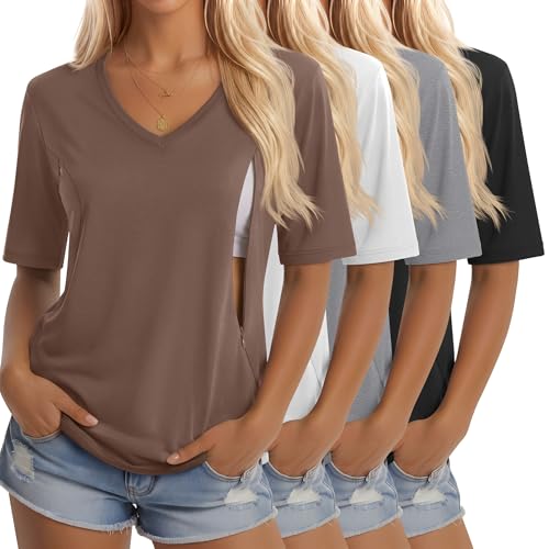 4 Pack Women Nursing Shirts Breastfeeding Tops - color: Brown, White, Gray, Black, size: X-Large