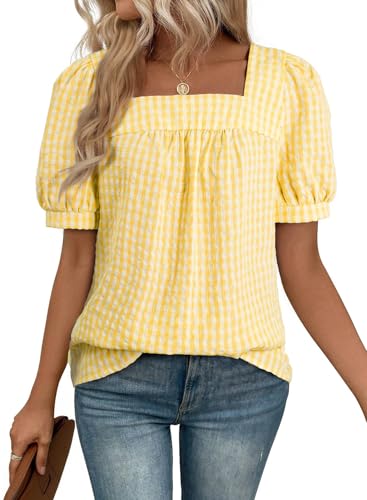 EVALESS Womens Gingham Top Short Sleeve Square Neck Shirts Cotton Blouse - color: B Yellow, size: Large