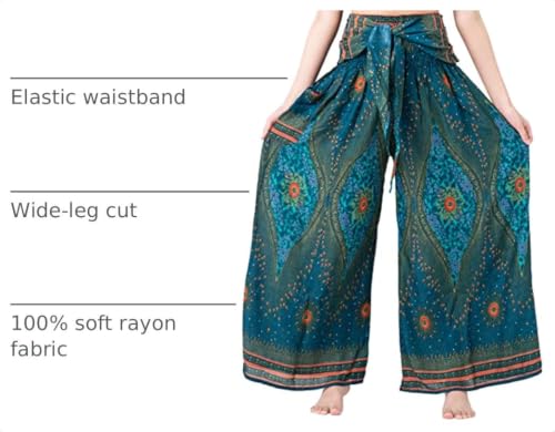 B BANGKOK PANTS Women's Boho Palazzo Pants - color: Green Peacockeye, size: One Size