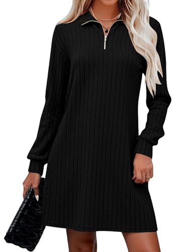 Naggoo Womens Fall Long Sleeve Dresses Collared V Neck Sweater Mini Dress - color: Black, size: Medium