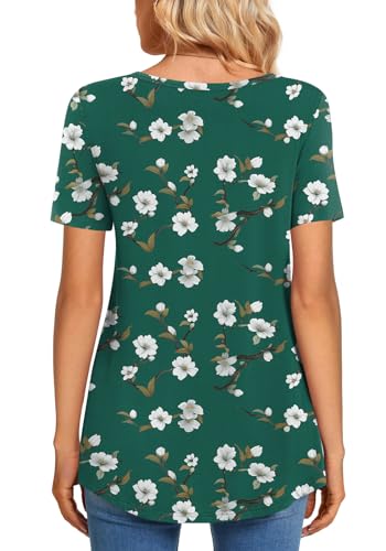 CATHY Womens Short Sleeve Tunic Tops Henley Shirt V Neck Button Up Blouse Casual Pleated Basic Pullover - color: Begonia+dark Green, size: Medium