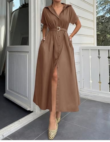 ZESICA Women's Summer Button Down Short Sleeve Midi Dress - color: Coffee, size: Small