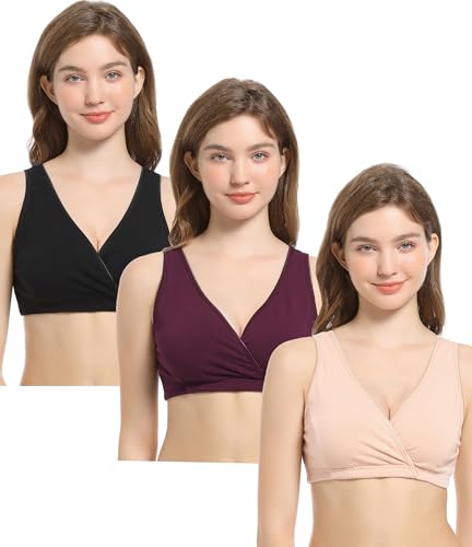 CAKYE 3 Pack Cotton Maternity Nursing Bras Breastfeeding Sleep Bralette - color: A-black+nude+burgundy/3pcs, size: Medium