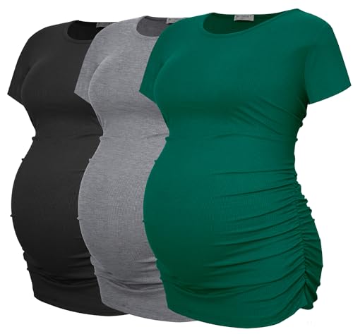 Smallshow Women's Ribbed Ruched Maternity Shirts 3 Packs - color: Black-deep Green-light Grey(3 Pack), size: Small