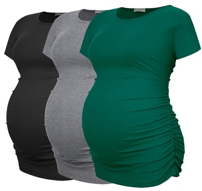 Smallshow Women's Ribbed Ruched Maternity Shirts 3 Packs - color: Black-deep Green-light Grey(3 Pack), size: XX-Large