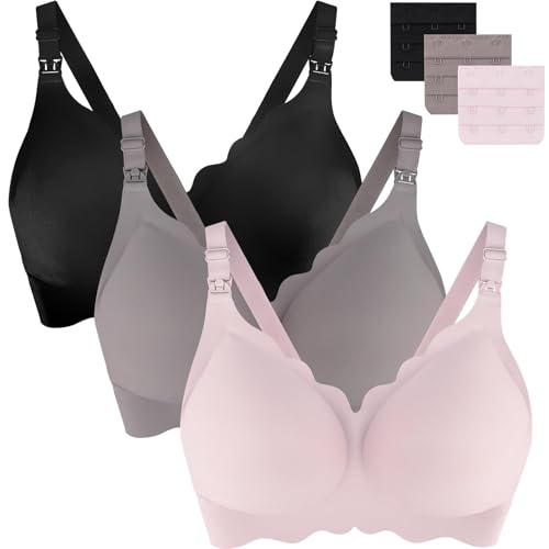 UHdod Nursing Bras for Breastfeeding, Seamless Wireless Maternity Bra - color: Black + Grey + Pink, size: X-Large