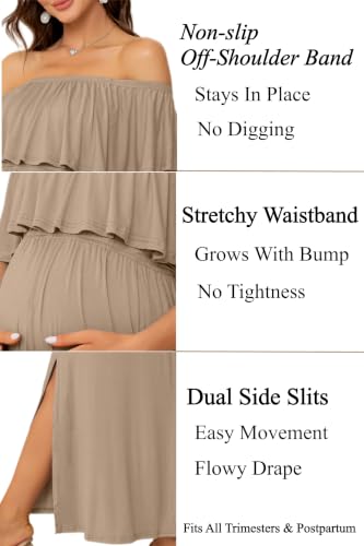Off Shoulder Ruffle Sleeve Maternity Maxi Dress Side Slit - color: Khaki, size: X-Large