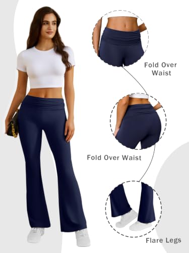 COPYLEAF Flare Leggings for Women Fold Over Stretch Bell Bottom Yoga Pants - color: Navy Blue, size: Medium