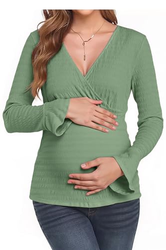 OUGES Women's Maternity Shirts Long Bell Sleeve Casual V Neck Tops Fall Fashion Textured Pregnancy Blouse - color: Gray Green, size: Large
