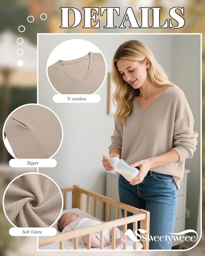 Women’s Waffle Knit Nursing Shirts Regular Fit - color: Khaki, size: Large