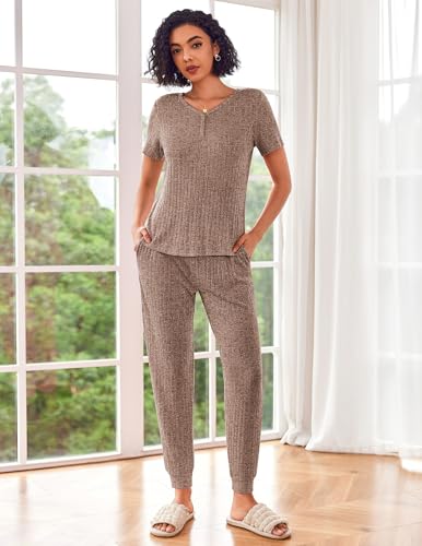 Ekouaer Pajama Sets for Womens 2 Piece Jogger Pants Lounge Set - color: Brown, size: Medium