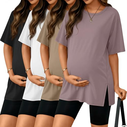 Riyiper 4 Pack Women's Short Sleeve Maternity T Shirts - color: Black, Washed White, Khaki, Dusty Purple, size: Small
