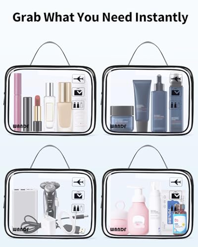 WANDF TSA Approved Toiletry Bag, 2 Pack Clear Makeup Bag - color: A Black with Handle, size: Pack of 2