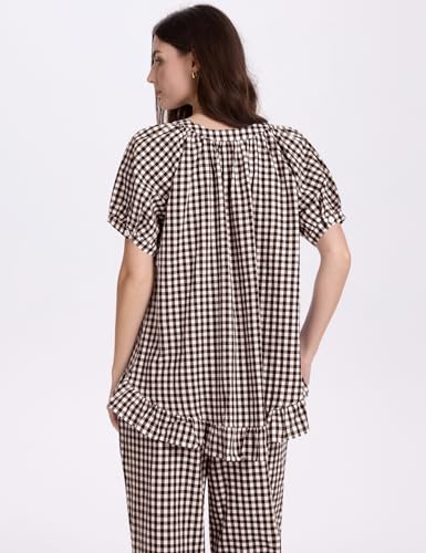 COZYPOIN 100% Cotton Pajamas for Women Set Cute Gingham Lounge Set - color: Coffee, size: Medium