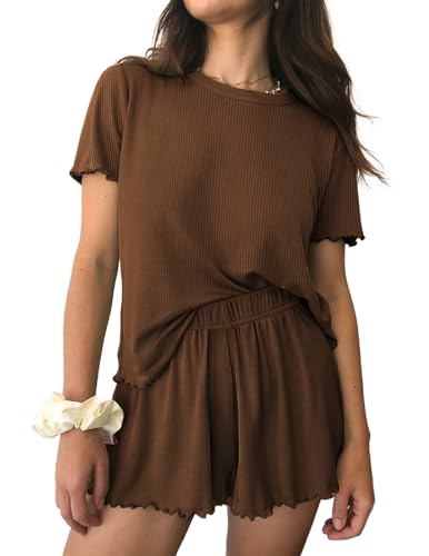 Ekouaer Womens Pajamas 2 Piece Ribbed Knit Pjs Short Sleeve Lounge Sets - color: Brown, size: X-Large