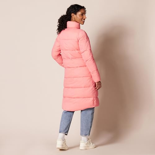 Amazon Essentials Women's Lightweight Full-Zip Water-Resistant Long Cocoon Puffer Winter Coat, Stand Collar, Insulated - color: Pink, size: Small