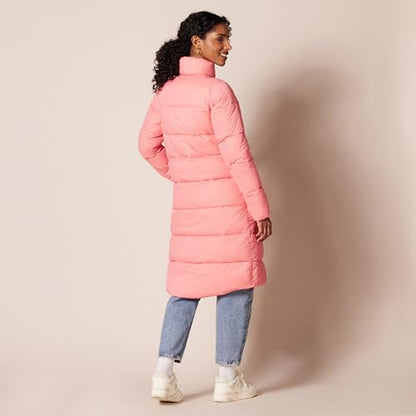 Amazon Essentials Women's Lightweight Full-Zip Water-Resistant Long Cocoon Puffer Winter Coat, Stand Collar, Insulated - color: Pink, size: Small