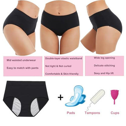 Period Underwear for Women Leak Proof Cotton Overnight Menstrual Panties - color: 5 Black, size: Medium