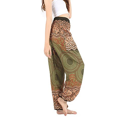 Boho Pants 2-Pocket Flowy Harem Pants Women for Yoga Travel Hippie Clothes - color: Honeycomb Olive, size: Medium
