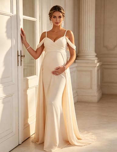 Maternity Maxi Dress Off Shoulder Strap Chiffon Baby Shower Gown - size: Small