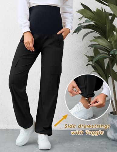 AMPOSH Women's Maternity Cargo Pants with 6 Pockets Quick-Dry Pregnancy Hiking Pants - color: Black, size: Medium