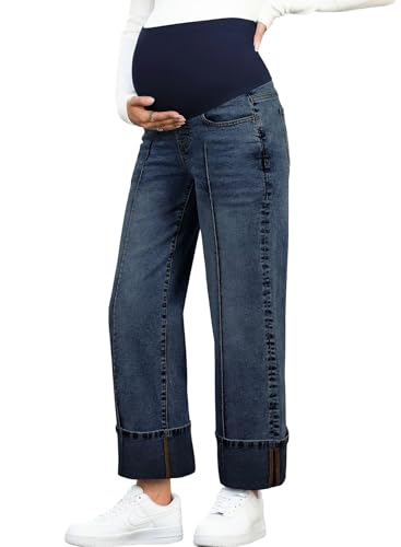 BLENCOT Maternity Jeans Over Belly Straight Leg Denim Pants with Pockets - color: Dirty Blue, size: X-Large
