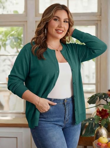 OLRIK Plus Size Long Sleeve Crewneck Cardigan Classic Fall Knit - color: Cyan, size: 1X
