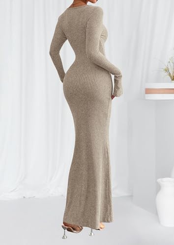 PRETTYGARDEN Women's Fall Long Sleeve Bodycon Maxi Dresses - color: Apricot, size: X-Small