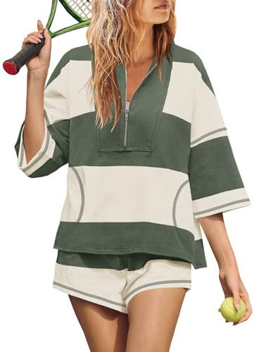 Yanekop Womens Striped Workout Set Two Piece Lounge Set Athleisure Sets - color: Army Green, size: Medium