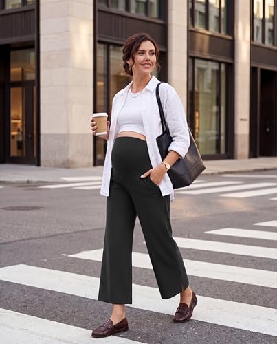 Foucome Women's Maternity Capris Wide Leg Cropped Pants - color: Black, size: Large