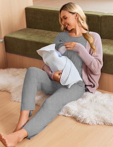 Ekouaer 3 Piece Maternity Nursing Pajamas Set Short Sleeve Breastfeeding Pjs - color: Grey, size: Medium