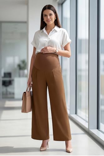 OUGES Women's Wide Leg Summer Business Casual Maternity Pants with Pockets - color: Dark Coffee, size: Small