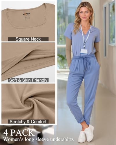 Xaatren 4 Pack Women's Underscrub Shirts Long Sleeve Tops - color: Black, Light Gray, White, Khaki, size: Medium