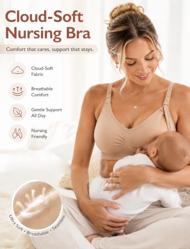 HOFISH 3PACK Full Bust Seamless Nursing Maternity Bras Bralette S-XXL with Extra Bra Extenders & Clips - color: 1 Black/2 Beige, size: Medium