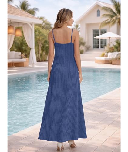 LILBETTER Women's Summer Maxi Dress Casual Flowy Spaghetti Strap Beach Long Dresses with Pockets - color: Blue, size: XX-Large