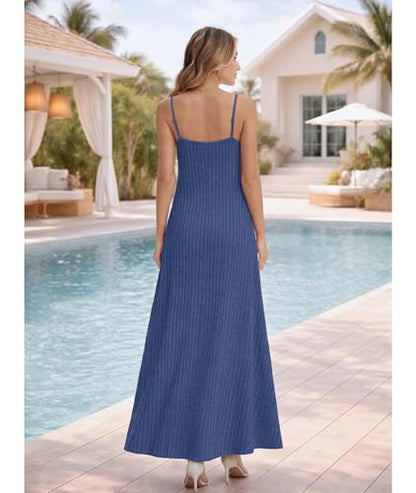 LILBETTER Women's Summer Maxi Dress Casual Flowy Spaghetti Strap Beach Long Dresses with Pockets - color: Blue, size: XX-Large