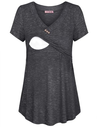 Joymom Womens V Neck Short Sleeve Nursing Tops Maternity Breastfeeding Shirts S-2XL - color: Grey, size: Medium