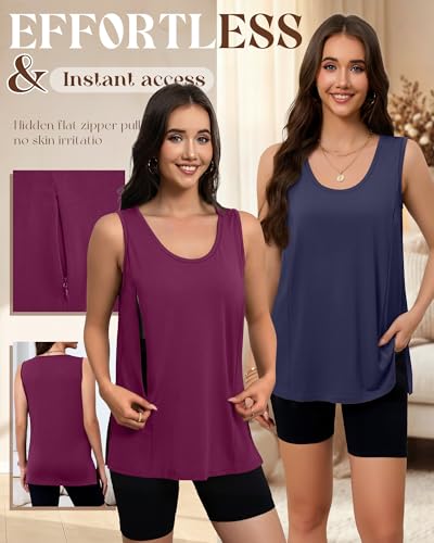 Ficerd 3 Pack Women's Oversized Nursing Tank Tops with Zipper - color: Fuchsia, Black, Navy Blue, size: Medium
