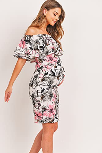 LaClef Women's Off Shoulder Maternity Dress with Double Ruffle - color: Cream / Pink Flower, size: Large