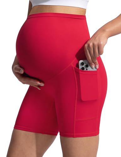 POSHDIVAH Creamluxe Maternity Biker Shorts with Pockets 6"/8" - color: Scarlet, size: Medium