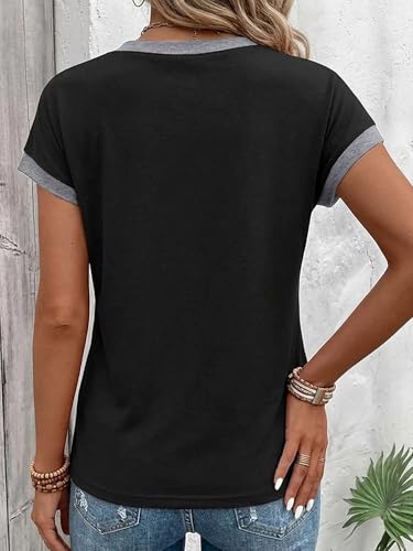 Flamingals Womens Short Sleeve V Neck Summer Tops - color: Black, size: X-Small