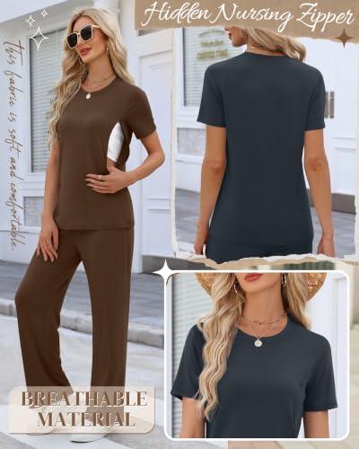 Ficerd 2 Pack Maternity Nursing Pajama Breastfeeding Sets Pjs - color: Dark Blue, Brown, size: XX-Large