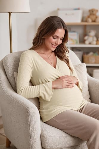 OUGES Women's Maternity Shirts Long Bell Sleeve Casual V Neck Tops Fall Fashion Textured Pregnancy Blouse - color: White, size: X-Large