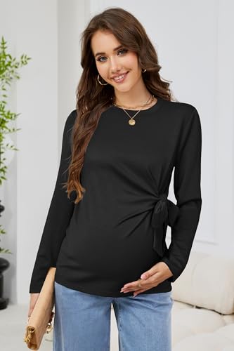 OUGES Women's Bow Tie Waist Maternity Shirts Long Sleeve Pregnancy Tops Crew Neck Fall Winter Elegant Business Blouse - color: Black, size: X-Large
