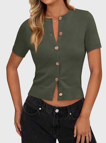 PRETTYGARDEN Womens Summer Cardigan Short Sleeve Sweater - color: Army Green, size: Small