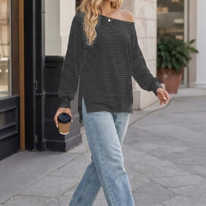Fall Tops for Women 2026 off Shoulder Striped Top Long Sleeve Pullover Tops - color: Khaki, size: X-Large