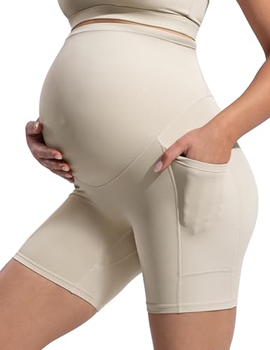 POSHDIVAH Creamluxe Maternity Biker Shorts with Pockets 6"/8" - color: Light Apricot, size: Large