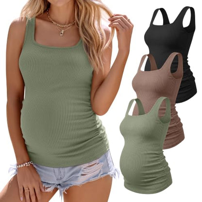 3 Pack Maternity Tank Tops Pregnancy Shirts - color: Gray Green, Coffee, Black, size: Small