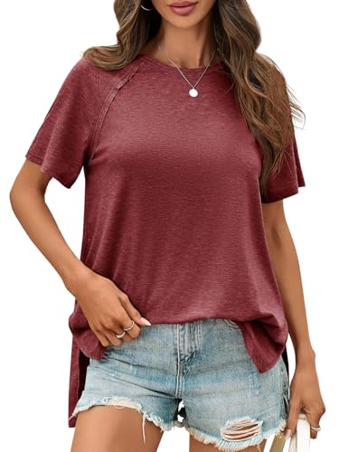 Cicy Bell Womens Short Sleeve Tunic Tops Crew Neck Side Split T Shirts - color: Wine Red, size: Small