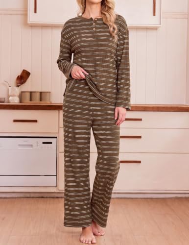 Ekouaer Womens Pajama sets Long Sleeve Cozy 2 Piece Matching Lounge Set - color: Brown White Stripe, size: Medium